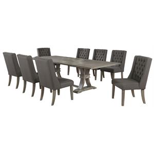 Rustic Gray Wood 9pc Dining Set with Table and Gray Linen Chairs