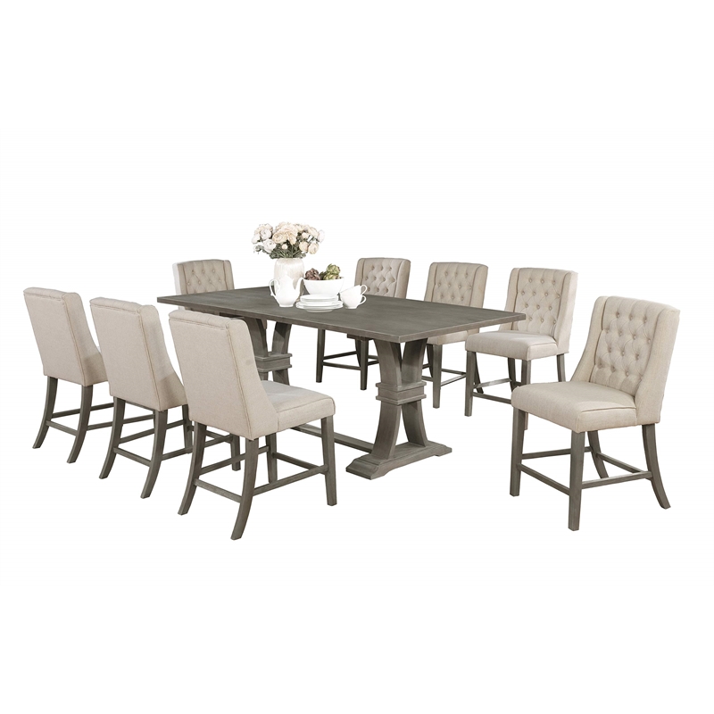 Counter-height Rustic Gray Wood Chair (Set of 2) with Beige Fabric Tufted Seats