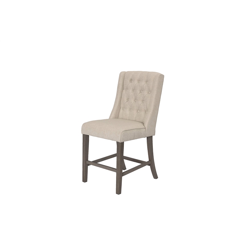 Counter-height Rustic Gray Wood Chair (Set of 2) with Beige Fabric Tufted Seats