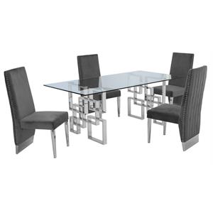 Rectangular Clear Glass 5pc Dining Set with Silver Stainless Steel Base