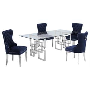 Rectangular Clear Glass 5pc Dining Set with Silver Stainless Steel Base
