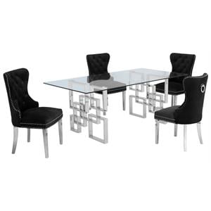 Rectangular Clear Glass 5pc Dining Set with Silver Stainless Steel Base