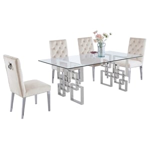 Rectangular Clear Glass 5pc Dining Set with Silver Stainless Steel Base