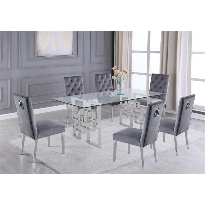 Rectangular Clear Glass 7pc Dining Set with Silver Stainless Steel Base