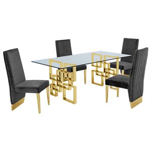 Rectangular Clear Glass 5pc Dining Set with Gold Stainless Steel Base