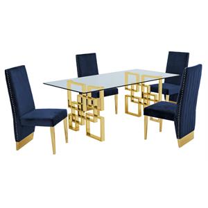 Rectangular Clear Glass 5pc Dining Set with Gold Stainless Steel Base