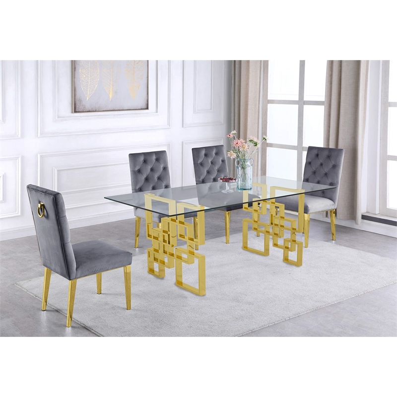 Rectangular Clear Glass 5pc Dining Set with Gold Stainless Steel Base