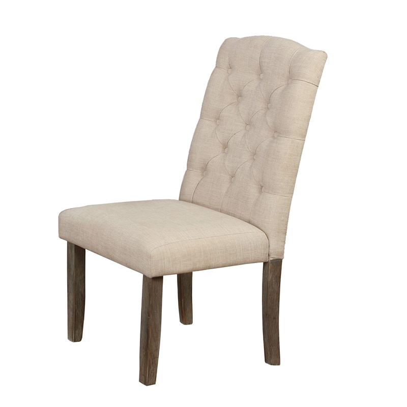 Rustic Wood Dining Chairs Upholstered with Beige Linen Fabric (Set of 2)