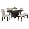 Rustic Dark Oak Wood 6pc Dining Set with Table + Beige Linen Chairs + Bench