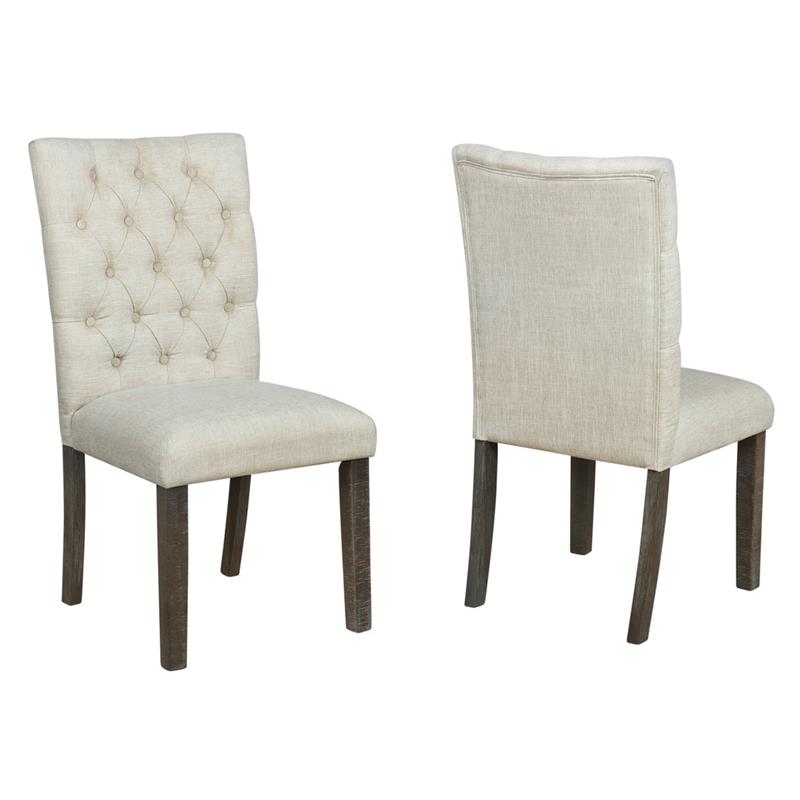 Rustic Dark Oak Wood 7pc Dining Set with Table and Beige Linen Chairs