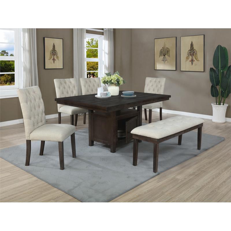 Rustic Dark Oak Dining Chairs Upholstered with Beige Linen Fabric (Set of 2)