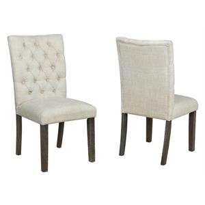 Rustic Dark Oak Dining Chairs Upholstered with Beige Linen Fabric (Set of 2)