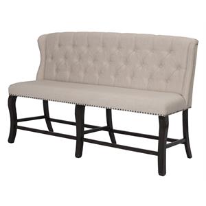 Cappuccino Wood Counterheight Dining Bench Upholstered with Beige Linen Fabric