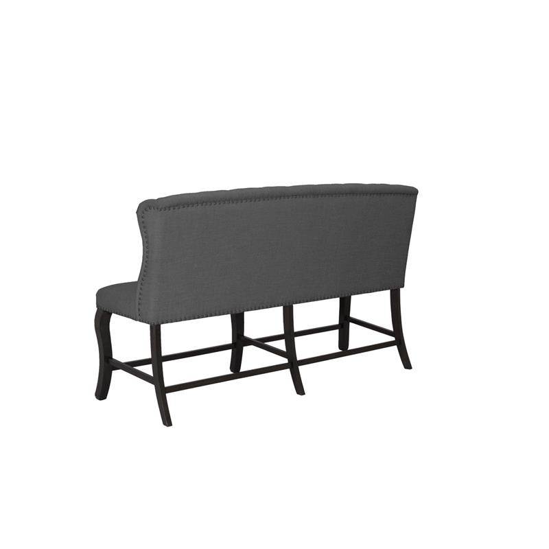 Cappuccino Wood Counterheight Dining Bench Upholstered with Gray Linen Fabric