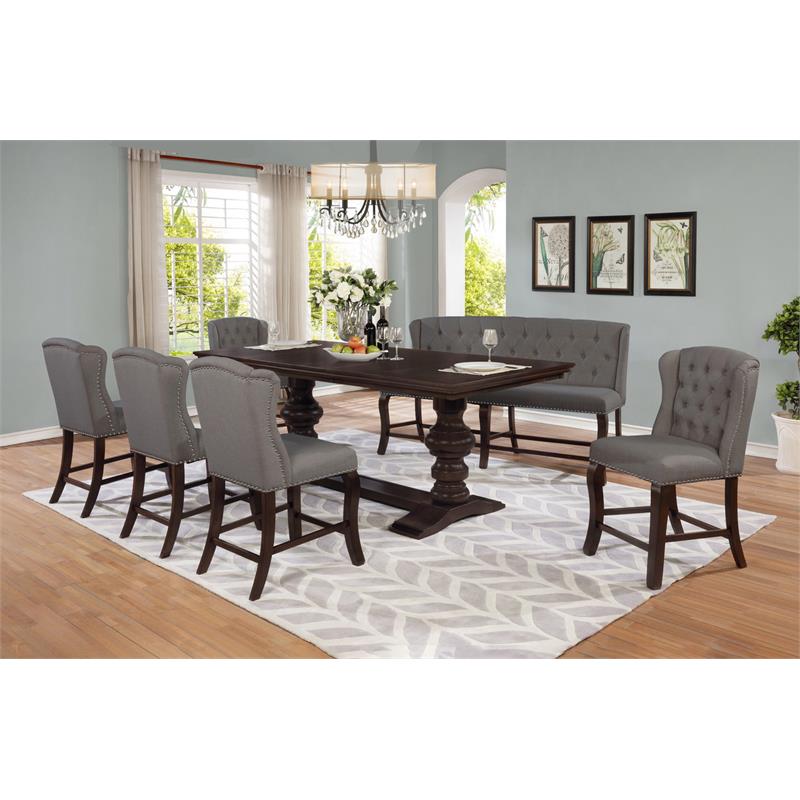Cappuccino Wood Counterheight Dining Bench Upholstered with Gray Linen Fabric
