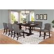 Cappuccino Wood Counterheight Dining Bench Upholstered with Gray Linen Fabric