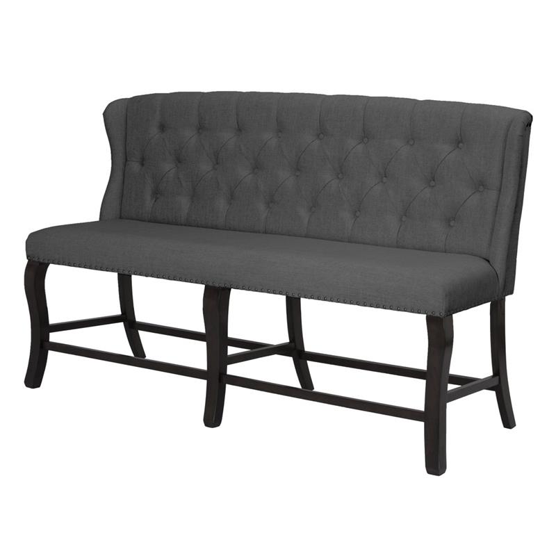 Cappuccino Wood Counterheight Dining Bench Upholstered with Gray Linen Fabric