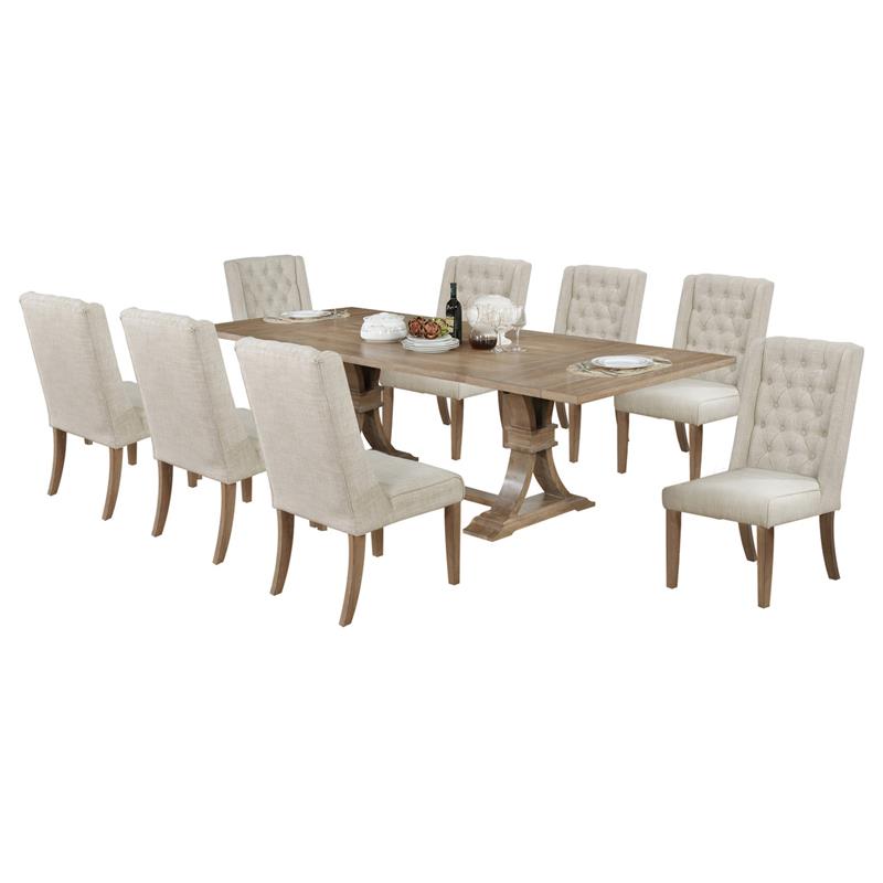 Rustic Natural Wood 9pc Dining Set with Extendable Table + Beige Linen Chairs