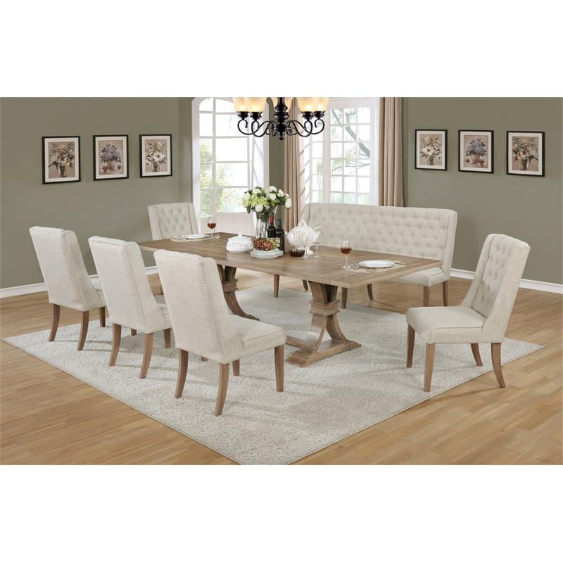 Rustic Natural Wood Dining Chairs Upholstered with Beige Linen Fabric (Set of 2)