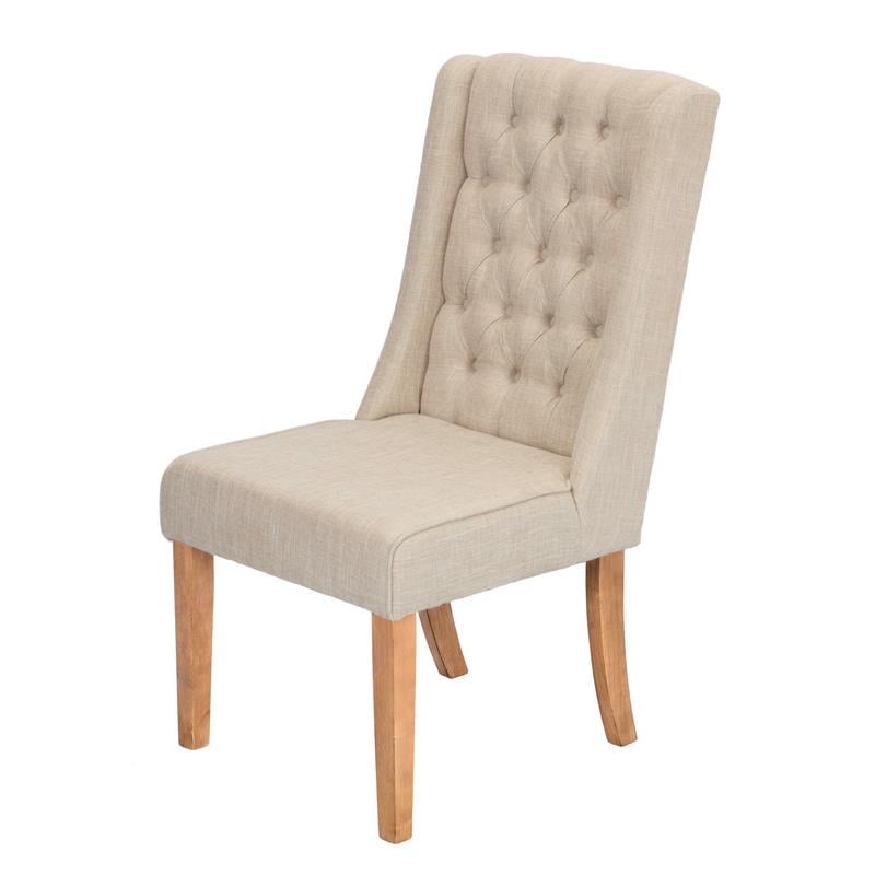 Rustic Natural Wood Dining Chairs Upholstered with Beige Linen Fabric (Set of 2)