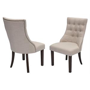Walnut Wood Dining Chairs with Beige Linen and Tufted Seats (Set of 2)