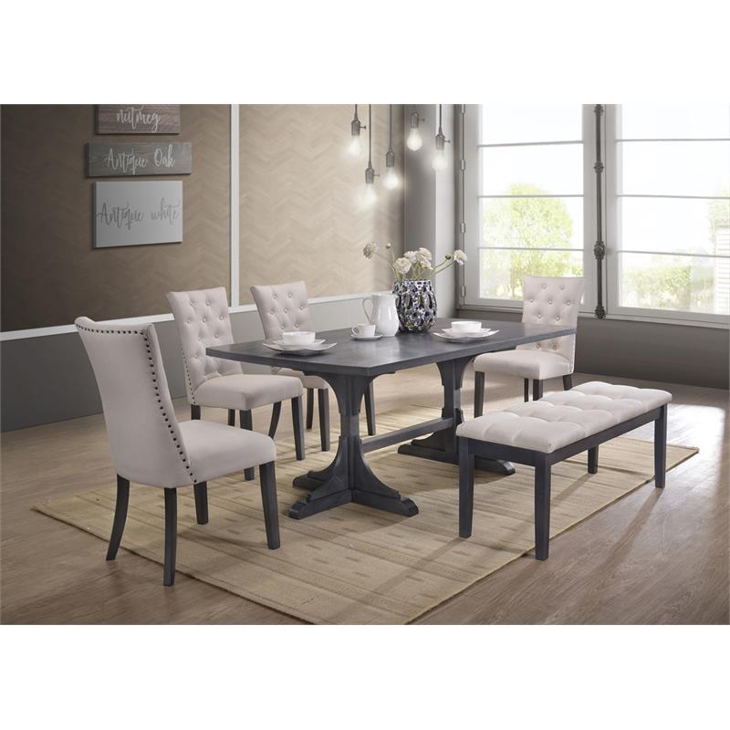 Light Gray Linen Fabric Dining Bench with Tufted Seat and Gray Wood