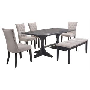 6pc Gray Wood Dining Set with Light Gray Linen Fabric Seats + Bench
