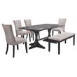 6pc Gray Wood Dining Set with Light Gray Linen Fabric Seats + Bench