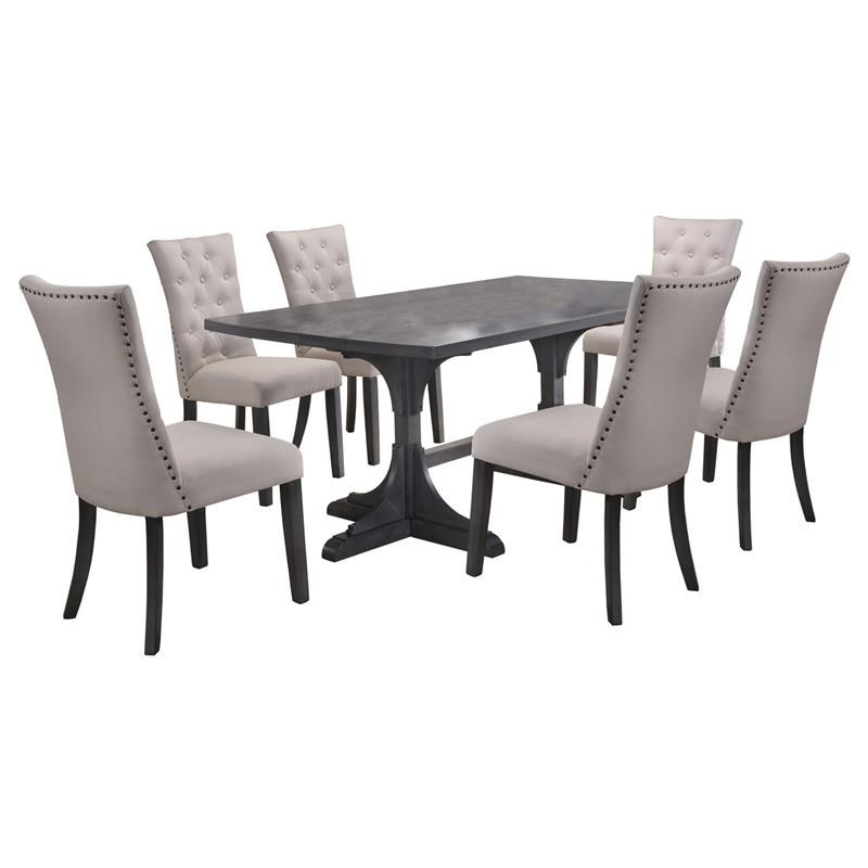 7pc Gray Wood Dining Set with Light Gray Linen Fabric Seats
