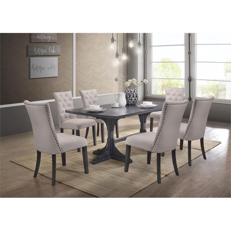 7pc Gray Wood Dining Set with Light Gray Linen Fabric Seats