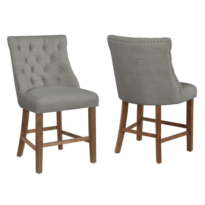 Counterheight Walnut Wood Dining Chairs in Gray Linen Fabric (Set of 2)