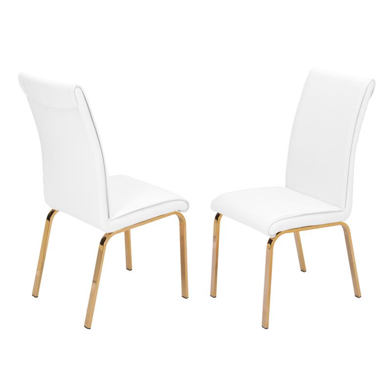 White Chairs Upholstered with Faux Leather and Gold Chrome Base (Set of 2)