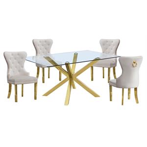 63&quotx 39&quot Rectangular Clear Glass 5pc Dining Set with Gold Stainless Steel