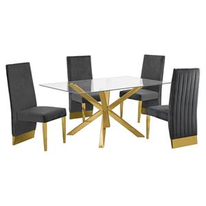 63&quotx 39&quot Rectangular Clear Glass 5pc Dining Set with Gold Stainless Steel