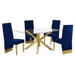 63&quotx 39&quot Rectangular Clear Glass 5pc Dining Set with Gold Stainless Steel