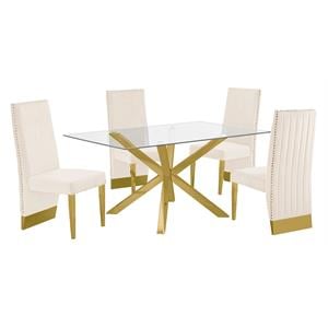 63&quotx 39&quot Rectangular Clear Glass 5pc Dining Set with Gold Stainless Steel