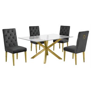 63&quotx 39&quot Rectangular Clear Glass 5pc Dining Set with Gold Stainless Steel