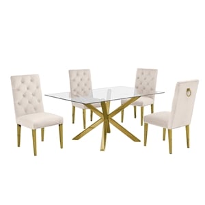 63&quotx 39&quot Rectangular Clear Glass 5pc Dining Set with Gold Stainless Steel