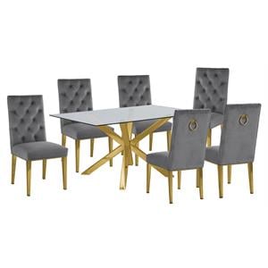 63&quotx 39&quot Rectangular Clear Glass 7pc Dining Set with Gold Stainless Steel