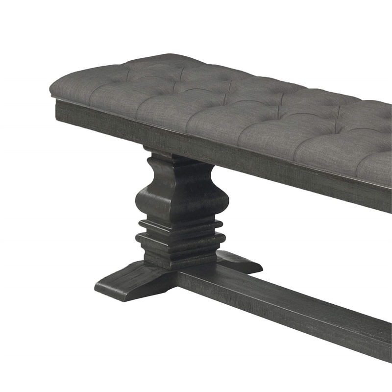 Dark Gray Linen Fabric Dining Bench in Dark Gray Wood and Tufted Seats