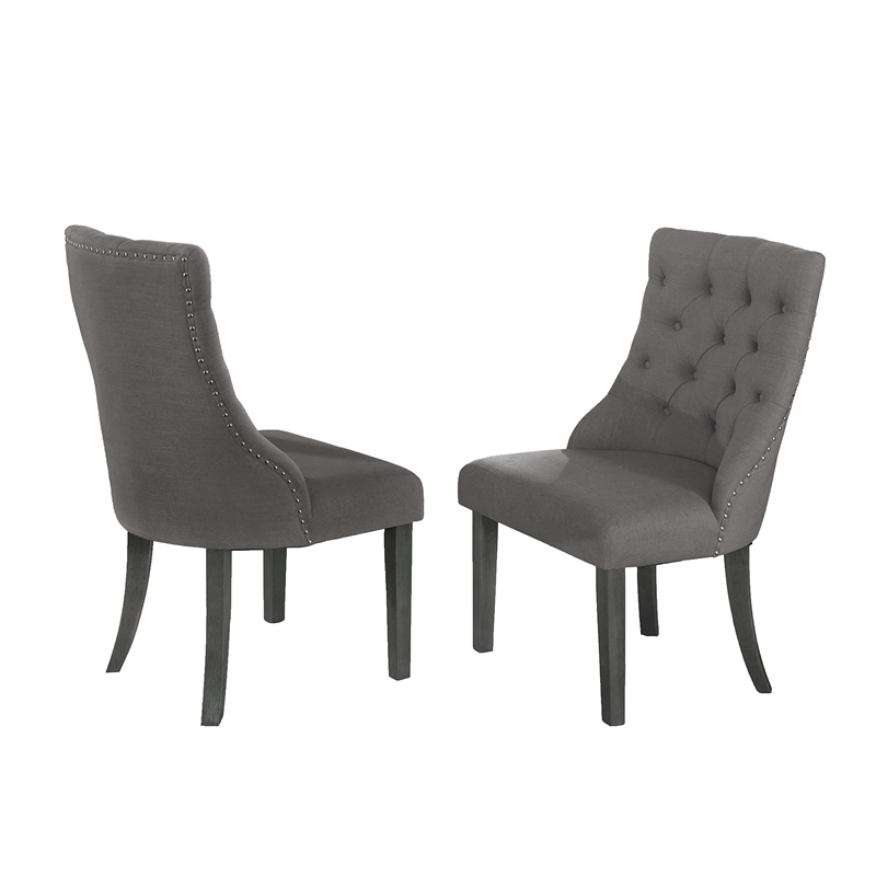 Dark Gray Linen Fabric Dining Chairs (Set of 2) with Tufted Seats