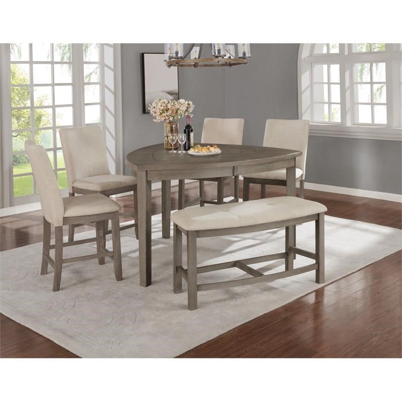 Rustic Gray Wood Counterheight Dining Chairs in Beige Linen Fabric (Set of 2)