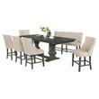 Large Beige Linen Fabric Counterheight Dining Bench in Gray Oak Wood