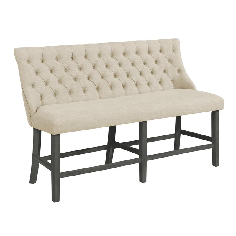 Large Beige Linen Fabric Counterheight Dining Bench in Gray Oak Wood
