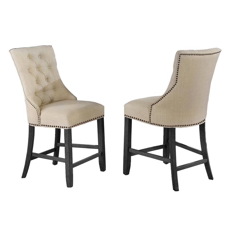 Counterheight 7pc Dining Set in Dark Gray Wood with Beige Linen Chairs