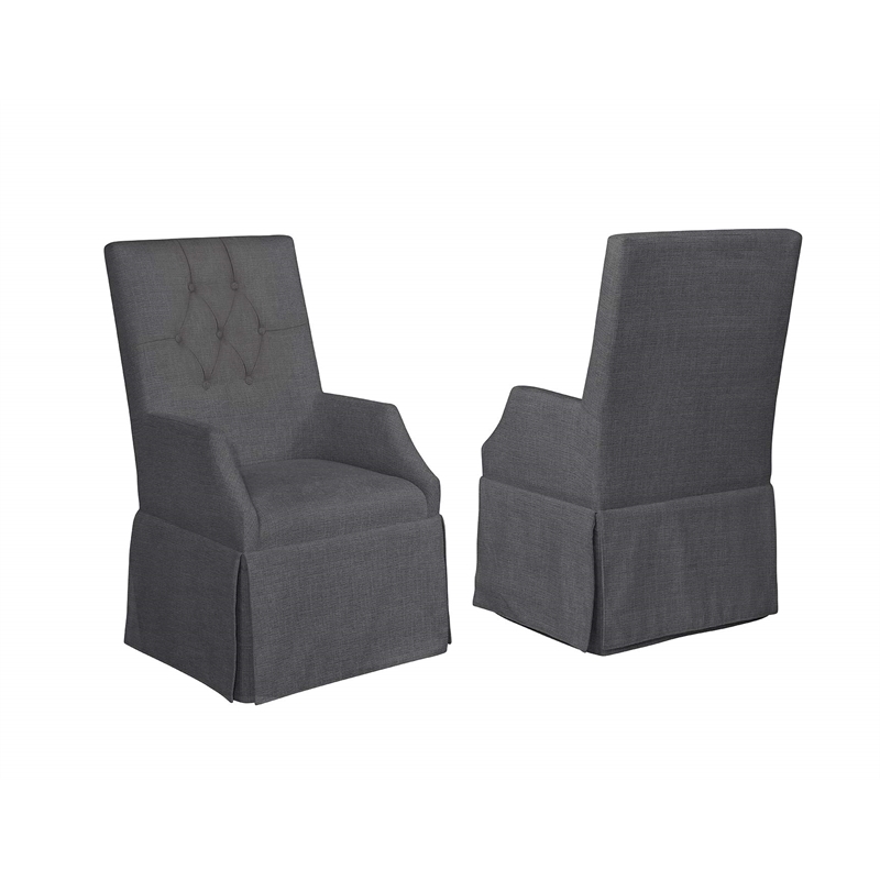 Gray Linen Fabric Dining Arm Skirt Chairs with Tufted Seat Backs (Set of 2)