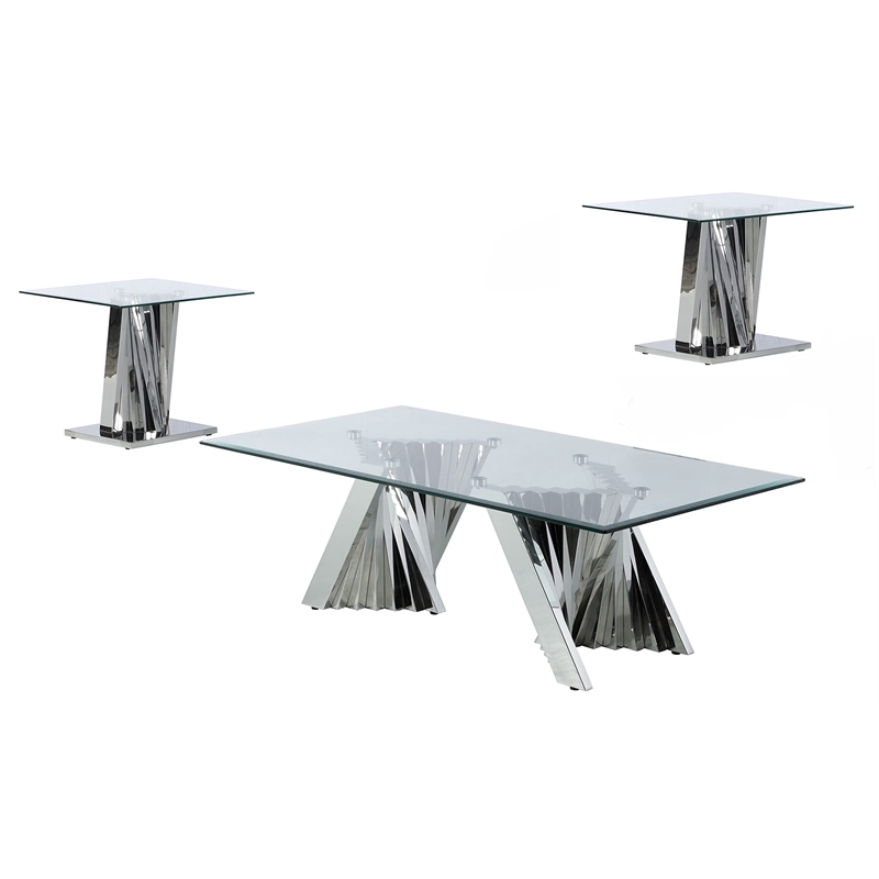 Geometric Clear Glass Coffee + 2 End Table Set with Silver Stainless Steel