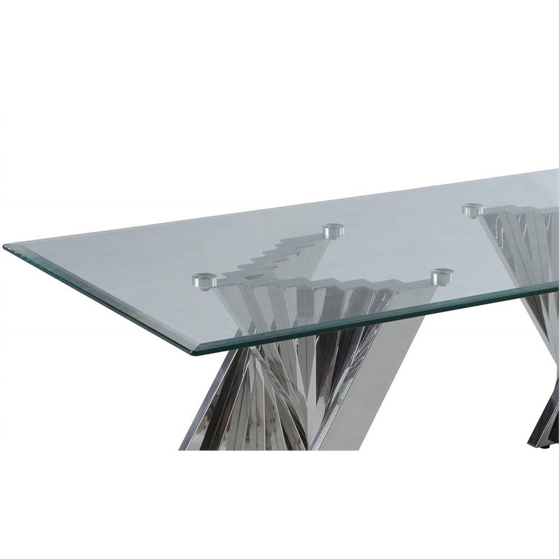 Geometric Clear Glass Coffee + 2 End Table Set with Silver Stainless Steel