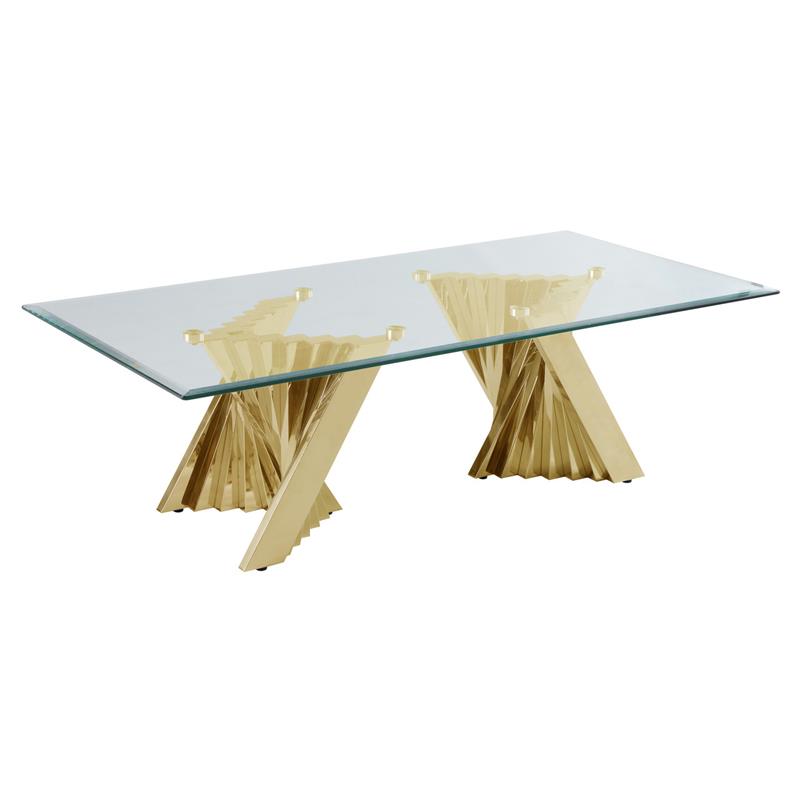 Geometric Clear Glass Coffee + End Table Set with Gold Stainless Steel
