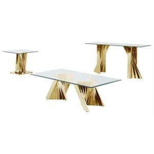 Geometric Clear Glass Coffee + End + Console Table Set with Gold Stainless Steel